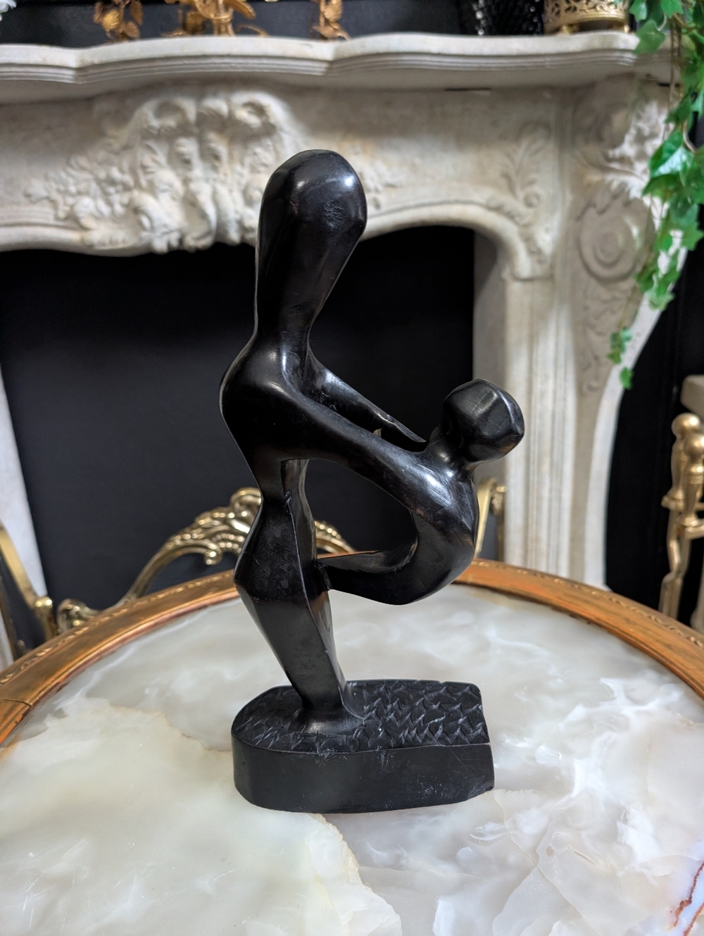 Vintage MCM Black Abstract Mother & Child Humanoid Sculpture Carved Solid Wood,